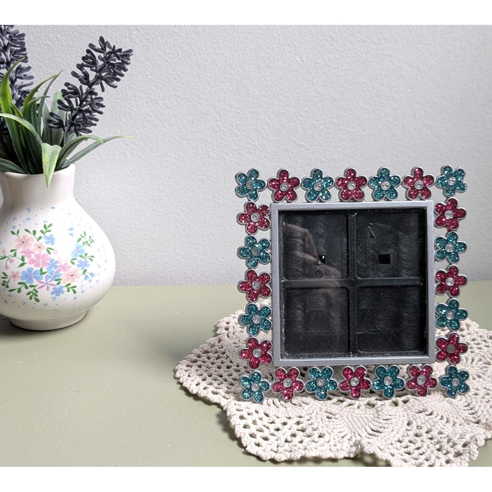 Y2K Glitter Flower Picture Frame Pink Blue 3x3 Photo Frame Retro Decor